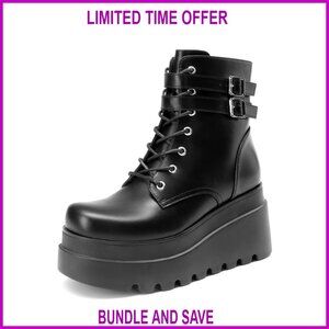 Platform Combat Ankle Boots Chunky High Heel Lace Up Faux Leather